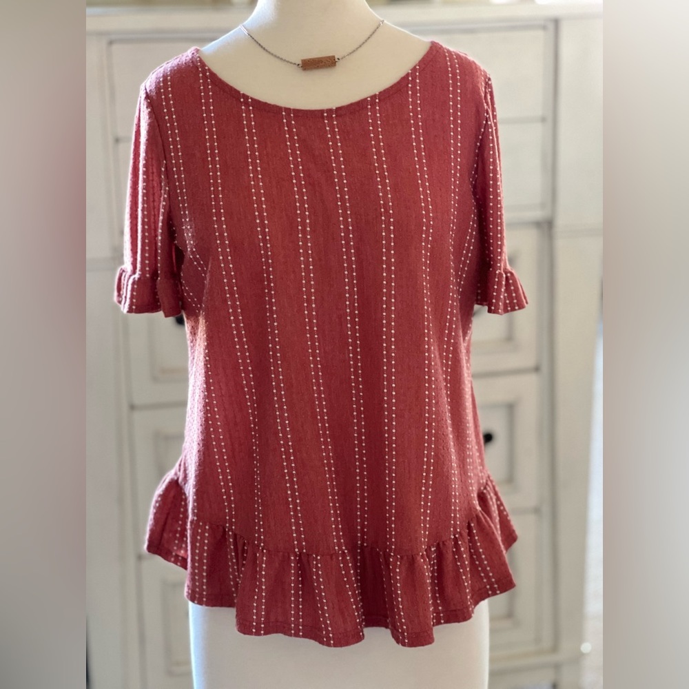 Short Sleeved and Bottom Ruffled lightweight Coral Red Top by W5